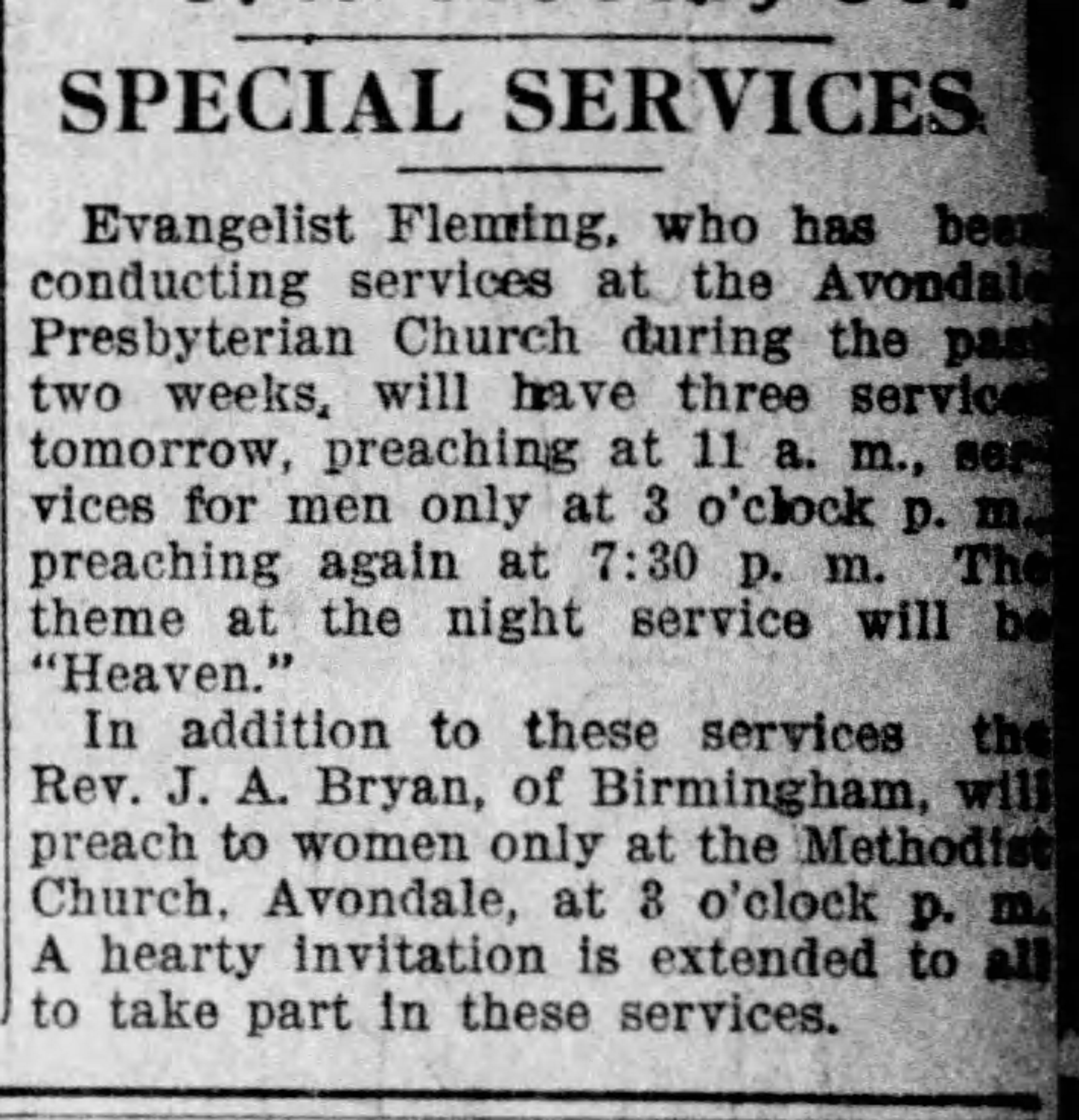 Special Services Avondale Presbyterian Church